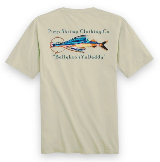 Image of the back of the Pimp Shrimp Clothing Co. "Ballyhoo's YaDaddy" T-Shirt with Pimp Shrimp Clothing Co. printed at top of back, Ballyhoo pic in middle and “Ballyhoo's YaDaddy” printed at bottom. This T-shirt is relaxed fit 100% Combed Ring-spun Cotton Tagless for comfort.