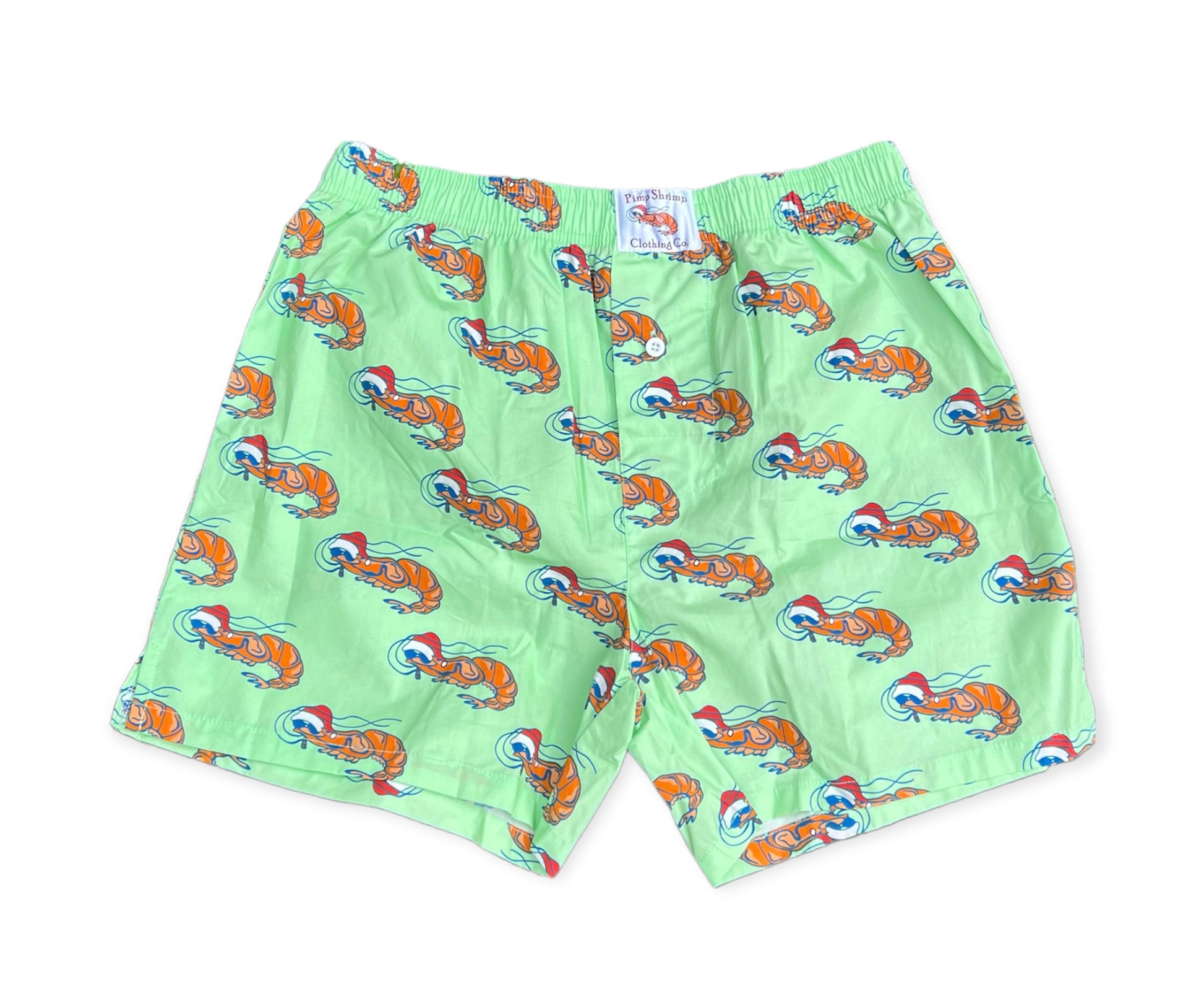 Image of Pimp Shrimp premium 100% woven cotton boxer shorts! Super comfortable, cool, and great looking! Our elastic waistband is a bit wider for comfort, and long lasting. The button fly has a clean look along with the v-groove and 4" inseam. MUCH thought went into making a traditional looking boxer, while offering something fresh, versatile, great looking and in keeping with the Pimp Shrimp brand. Mint boxers with the pimp shrimp logo.