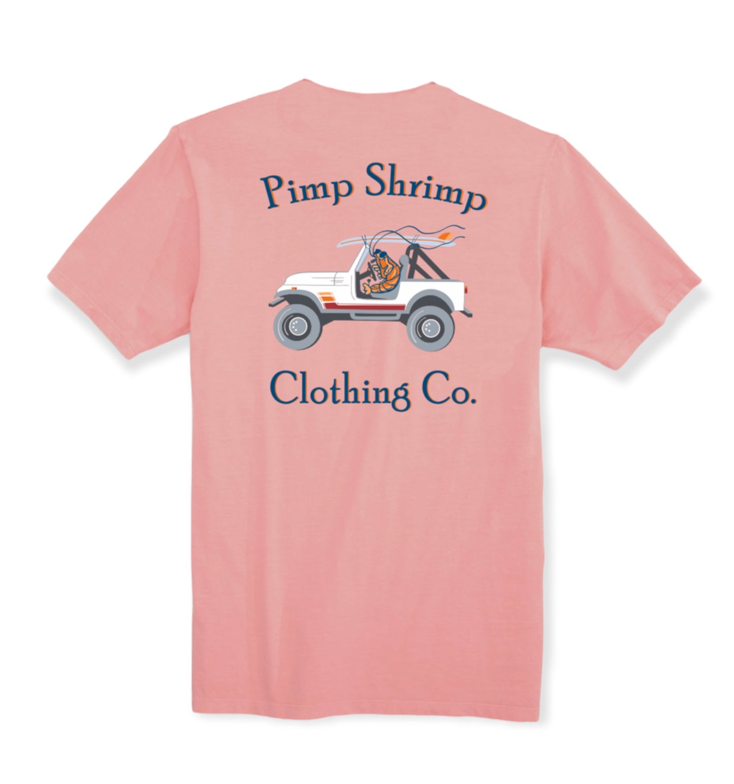 Image of back of the Off-Road Pocketed Pink T-Shirt with Pimp Shrimp Clothing Co. and a jeep with the Pimp Shrimp driving. This T-shirt is relaxed fit 100% Combed Ring-spun Cotton Tagless for comfort.