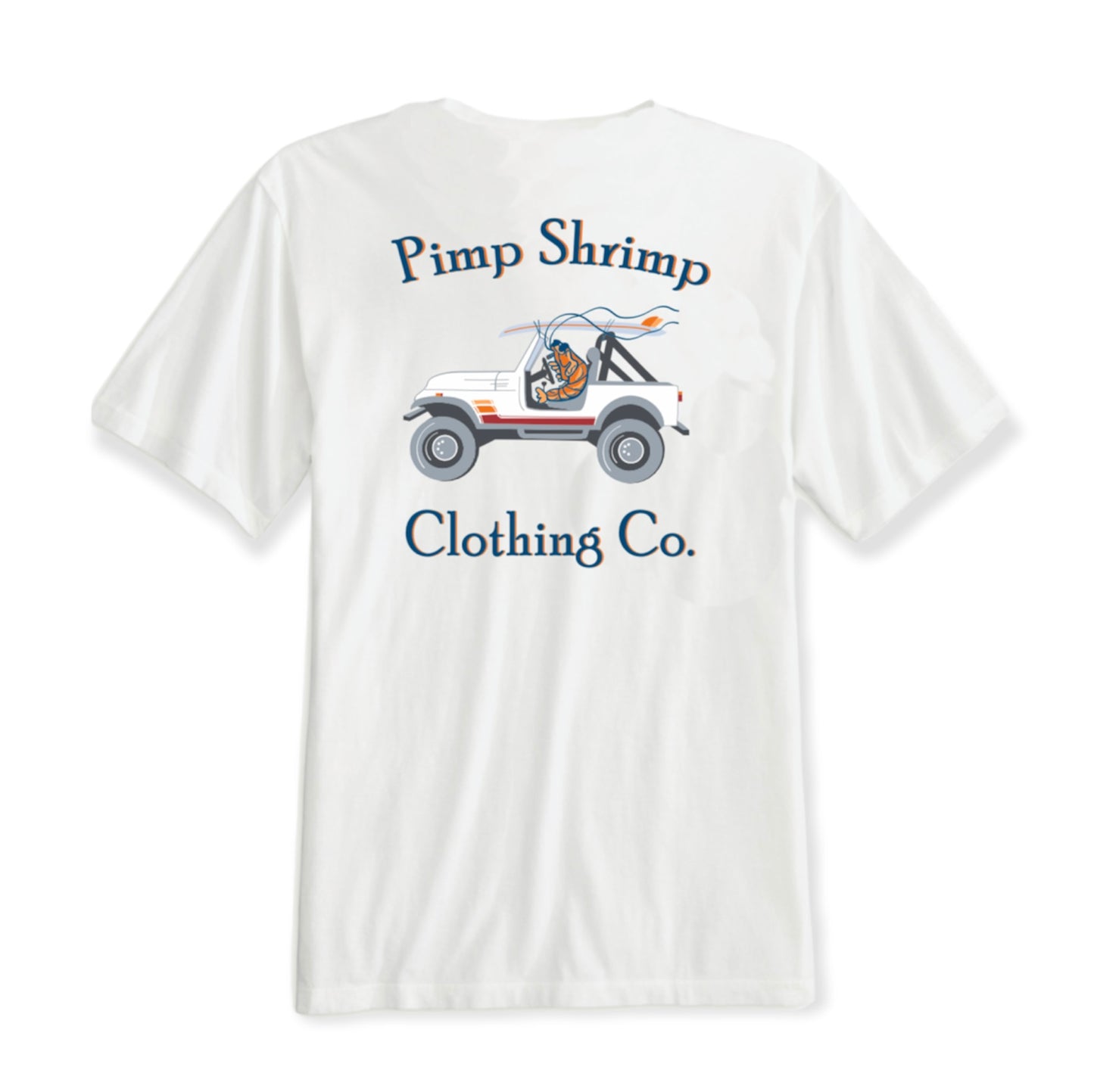 Image of back of the Off-Road Pocketed White T-Shirt with Pimp Shrimp Clothing Co. and a jeep with the Pimp Shrimp driving. This T-shirt is relaxed fit 100% Combed Ring-spun Cotton Tagless for comfort.