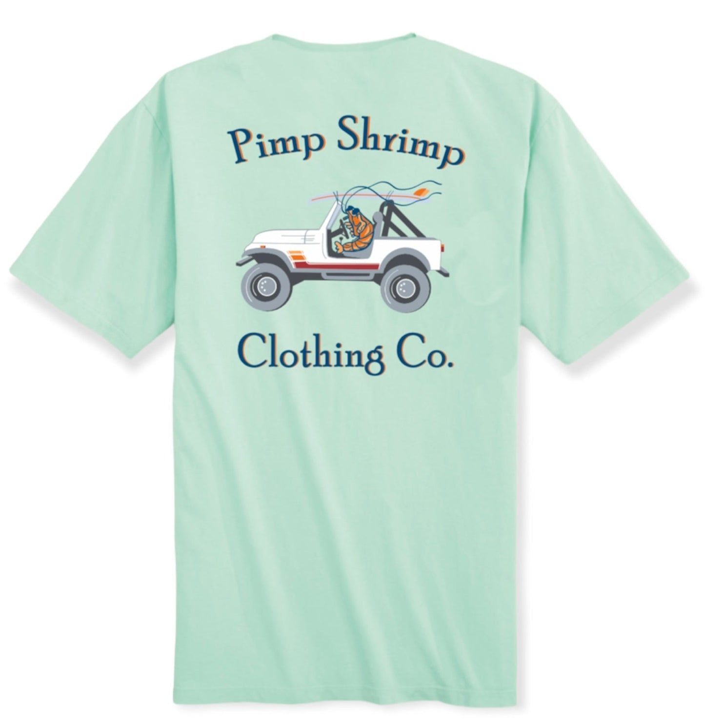 Image of back of the Off-Road Pocketed Pink T-Shirt with Pimp Shrimp Clothing Co. and a jeep with the Pimp Shrimp driving. This T-shirt is relaxed fit 100% Combed Ring-spun Cotton Tagless for comfort.