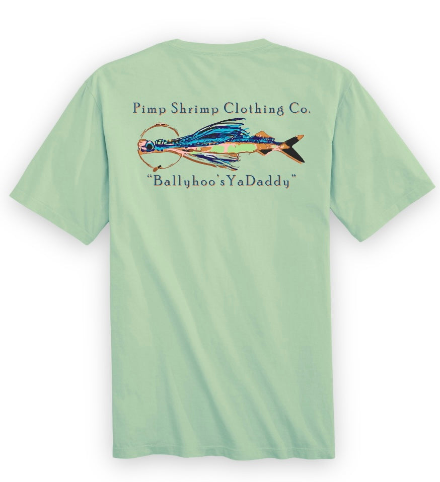 Image of the back of the “Ballyhoo’s YaDaddy” Short Sleeve T-Shirt in Key Lime with Pimp Shrimp Clothing Co. printed at top of back, Ballyhoo pic in middle and “Ballyhoo's YaDaddy” printed at bottom. This T-shirt is relaxed fit 100% Combed Ring-spun Cotton Tagless for comfort.