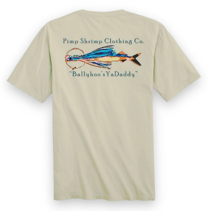 Image of the back of the Pimp Shrimp Clothing Co. "Ballyhoo's YaDaddy" T-Shirt with Pimp Shrimp Clothing Co. printed at top of back, Ballyhoo pic in middle and “Ballyhoo's YaDaddy” printed at bottom. This T-shirt is relaxed fit 100% Combed Ring-spun Cotton Tagless for comfort.
