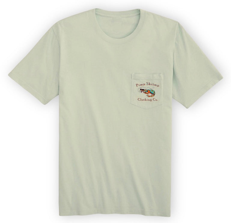 Image of front of the “Ballyhoo’s YaDaddy” Pocketed The Stormy T-Shirt with Pimp Shrimp Clothing Co. and a picture of the Pimp Shrimp on the front pocket.  This T-shirt is relaxed fit 100% Combed Ring-spun Cotton Tagless for comfort.