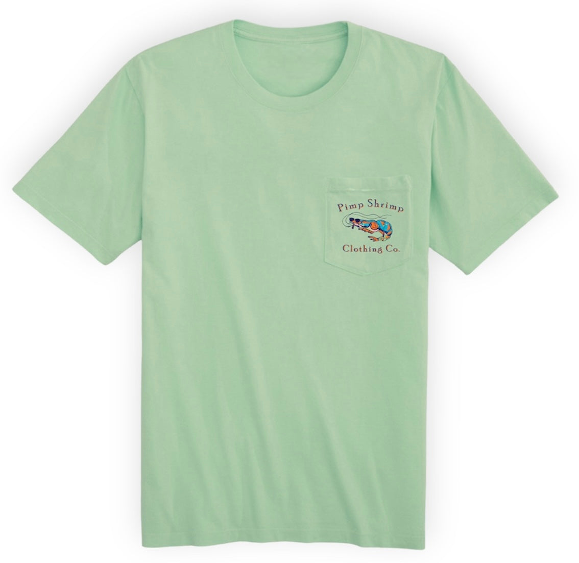 Image of the front “Ballyhoo’s YaDaddy” Pocketed T-Shirt in key lime with Pimp Shrimp Clothing Co. and a picture of the Pimp Shrimp on the pocket.  This T-shirt is relaxed fit 100% Combed Ring-spun Cotton Tagless for comfort.