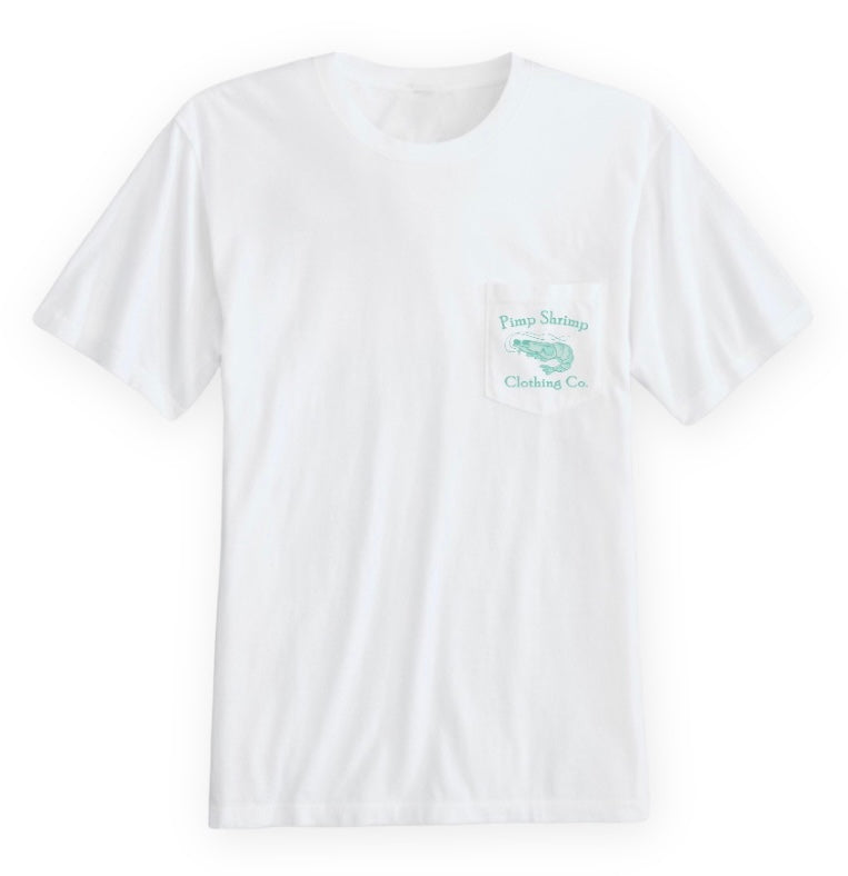 Image of "The Jady" Off-Road Pocketed White T-Shirt with Pimp Shrimp Clothing Co. in teal printed on the front pocket with a picture of the Pimp Shrimp Logo.  This T-shirt is relaxed fit 100% Combed Ring-spun Cotton Tagless for comfort.