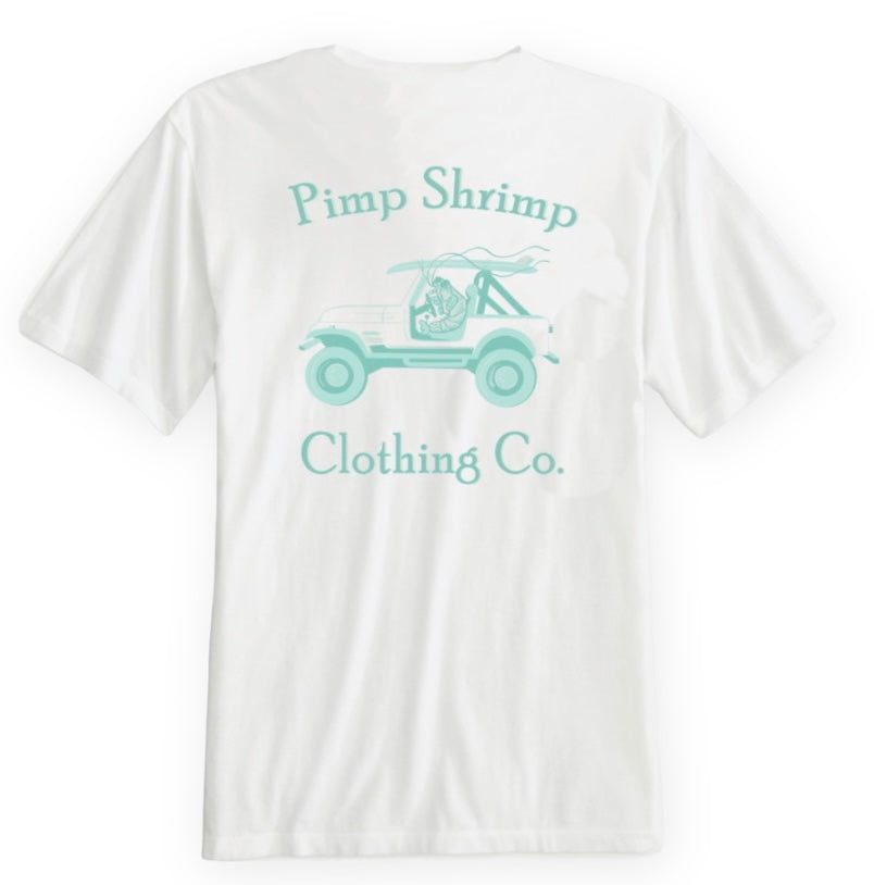 Image of "The Jady" Off-Road Pocketed White T-Shirt with Pimp Shrimp Clothing Co. in teal print and jeep with the Pimp Shrimp driving.  This T-shirt is relaxed fit 100% Combed Ring-spun Cotton Tagless for comfort.