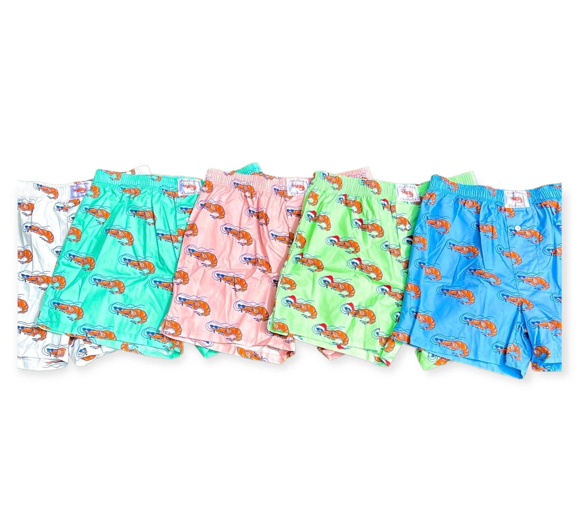 Image of Pimp Shrimp premium 100% woven cotton boxer shorts! Super comfortable, cool, and great looking! Our elastic waistband is a bit wider for comfort, and long lasting. The button fly has a clean look along with the v-groove and 4" inseam. MUCH thought went into making a traditional looking boxer, while offering something fresh, versatile, great looking and in keeping with the Pimp Shrimp brand. Comes in 5 colors all with the pimp shrimp logo. 