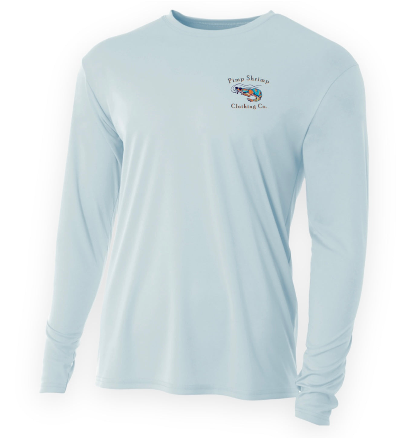 “Ballyhoo Rig” Performance Long Sleeve Shirt in light blue.  Pimp Shrimp Clothing Co. printed at top of back, Ballyhoo pic in middle and Ballyhoo's YaDaddy printed at bottom.
This premium lightweight Shirt features 44+ UPF protection with a microfiber quick drying weave.

