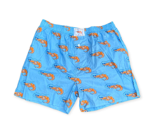 Image of Pimp Shrimp premium 100% woven cotton boxer shorts! Super comfortable, cool, and great looking! Our elastic waistband is a bit wider for comfort, and long lasting. The button fly has a clean look along with the v-groove and 4" inseam. MUCH thought went into making a traditional looking boxer, while offering something fresh, versatile, great looking and in keeping with the Pimp Shrimp brand. Blue boxers with the pimp shrimp logo. 