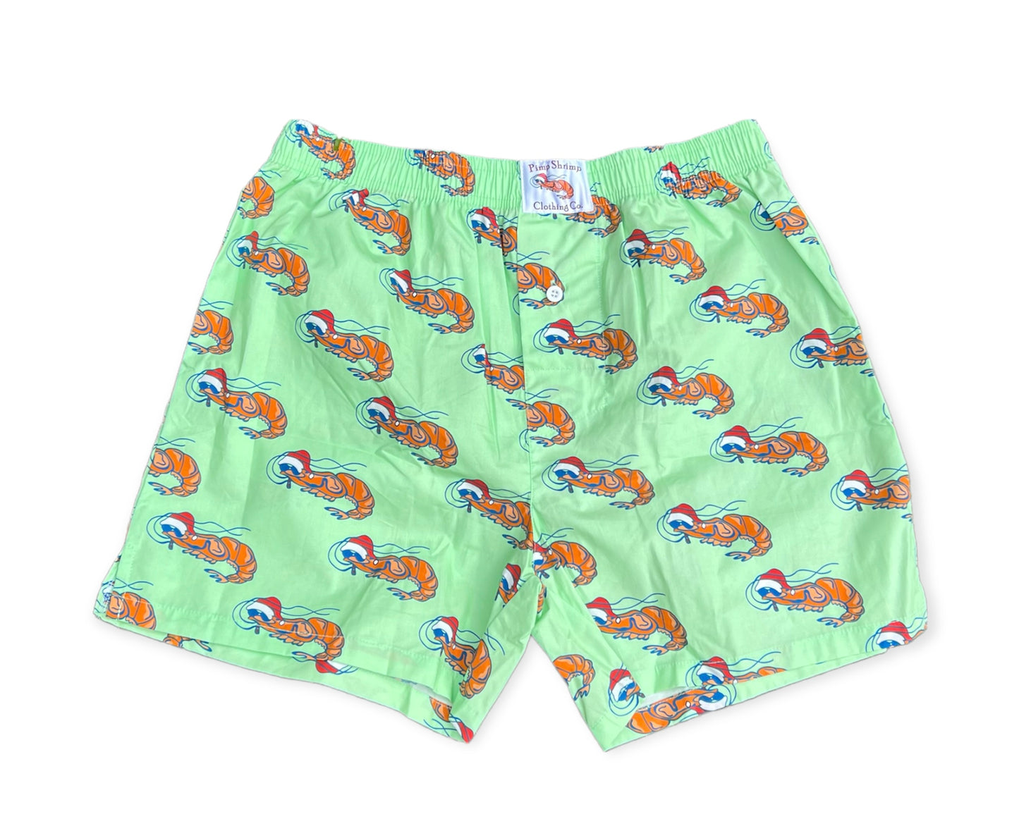 Image of Pimp Shrimp premium 100% woven cotton boxer shorts! Super comfortable, cool, and great looking! Our elastic waistband is a bit wider for comfort, and long lasting. The button fly has a clean look along with the v-groove and 4" inseam. MUCH thought went into making a traditional looking boxer, while offering something fresh, versatile, great looking and in keeping with the Pimp Shrimp brand. Mint boxers with the pimp shrimp logo. 