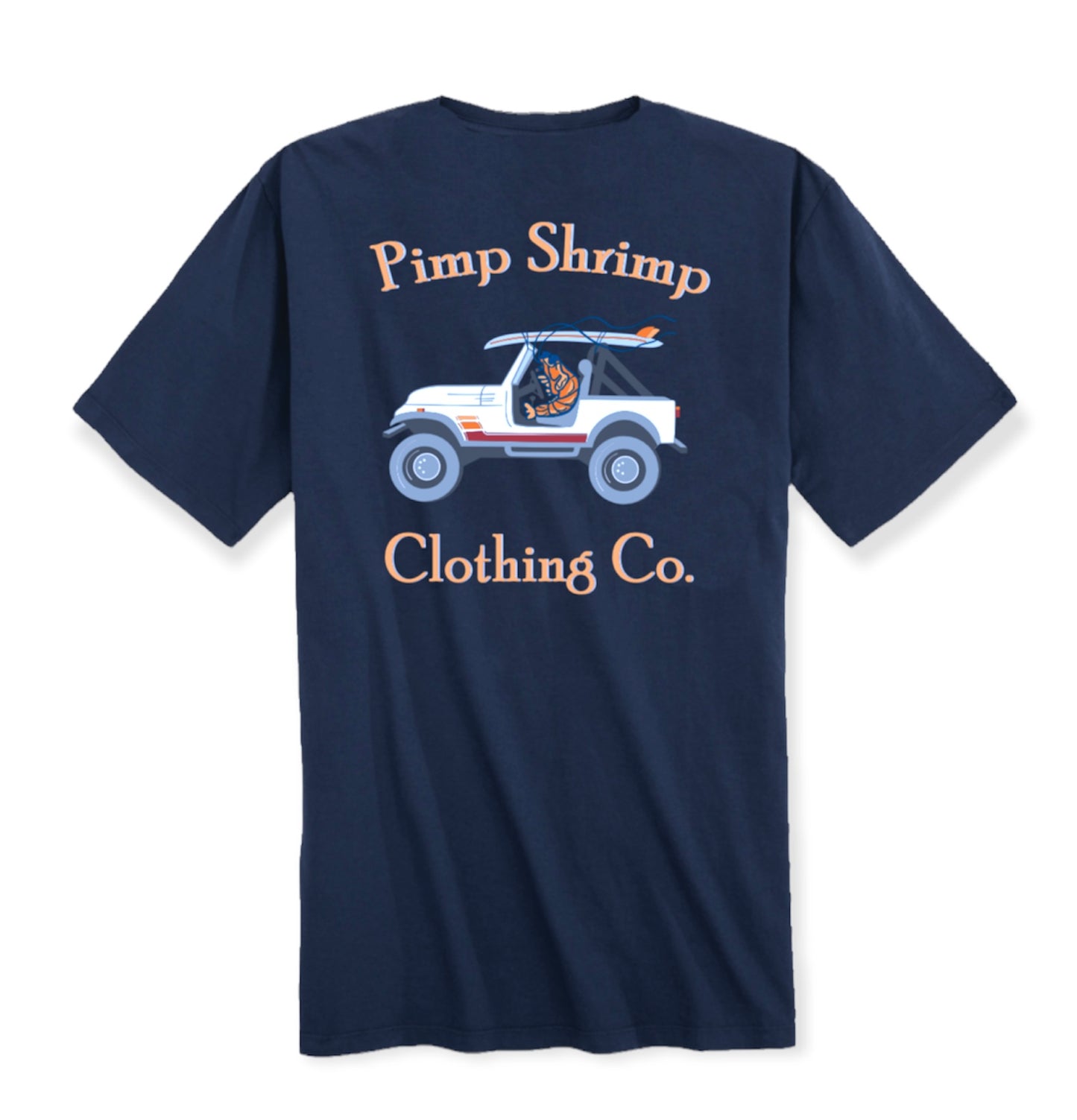 Image of back of the Off-Road Pocketed Navy T-Shirt with Pimp Shrimp Clothing Co. and a jeep with the Pimp Shrimp driving.  This T-shirt is relaxed fit 100% Combed Ring-spun Cotton Tagless for comfort.