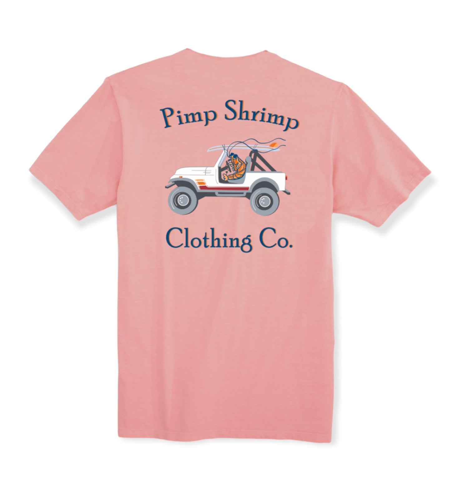 Image of back of the Off-Road Pocketed Pink T-Shirt with Pimp Shrimp Clothing Co. and a jeep with the Pimp Shrimp driving.  This T-shirt is relaxed fit 100% Combed Ring-spun Cotton Tagless for comfort.