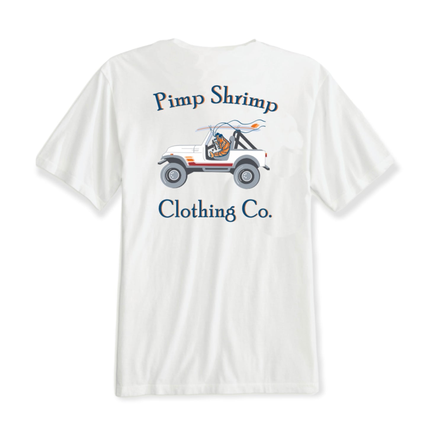 Image of back of the Off-Road Pocketed White T-Shirt with Pimp Shrimp Clothing Co. and a jeep with the Pimp Shrimp driving.  This T-shirt is relaxed fit 100% Combed Ring-spun Cotton Tagless for comfort.