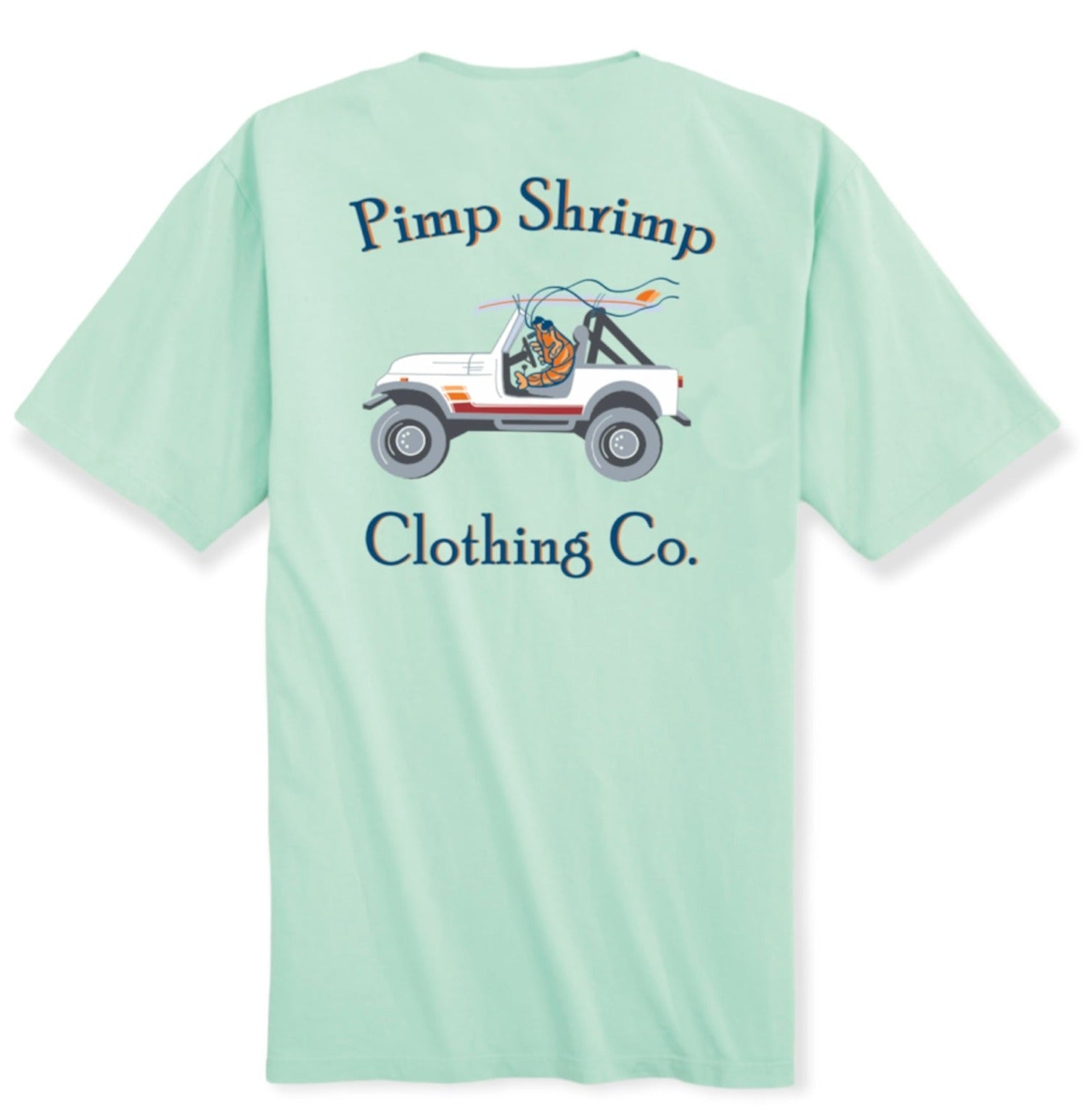 Image of back of the Off-Road Pocketed Pink T-Shirt with Pimp Shrimp Clothing Co. and a jeep with the Pimp Shrimp driving.  This T-shirt is relaxed fit 100% Combed Ring-spun Cotton Tagless for comfort.